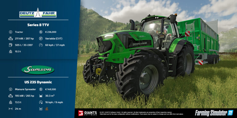 Farming Simulator 22 – DEUTZ-FAHR Series 8 TVV, Series 7 TVV Tractor, Samson Manure Spreader and more…