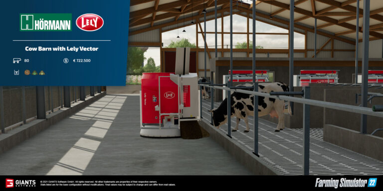Farming Simulator 22 Fact Sheet #10 – HÖRMANN Cow Barn, Lely Vector Automatic feeding and conventional milking
