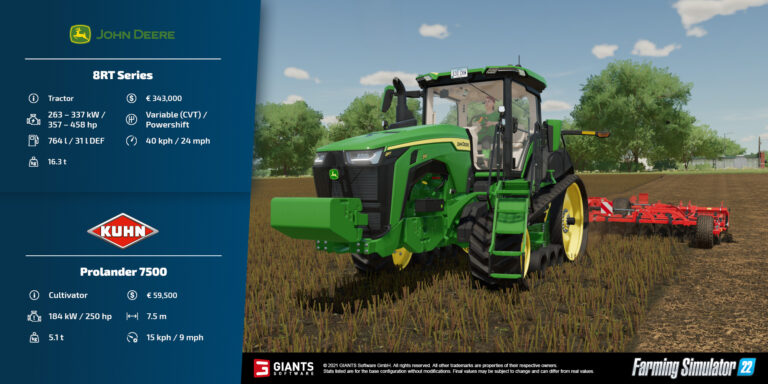 Farming Simulator 22 Fact Sheet – JOHN DEERE 8RT Series Crawler Tractor, KUHN Prolander 7500 Cultivator