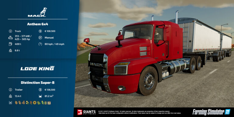 Farming Simulator 22 Fact Sheet – MACK Anthem Truck and LODE KING Trailer
