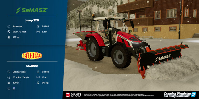 Farming Simulator 22 Fact Sheet – SaMASZ Jump 320 Snowplow, BREDAL SG2000 Salt Spreader