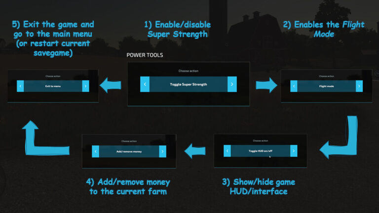 Farming Simulator 22 – Power Tools “Fill vehicle, Add/remove money, Flight mode, HUD on/off, Super strength mode”
