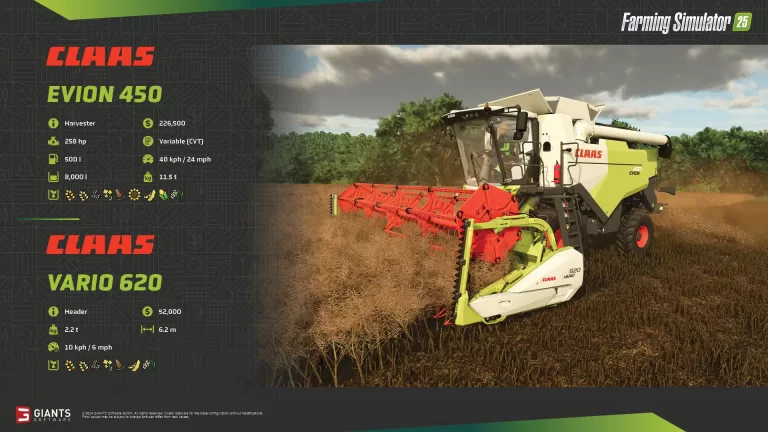 Farming Simulator 25 – Fact Sheet #4 – CLAAS Evion 450, OXBO BP2140e Harvester